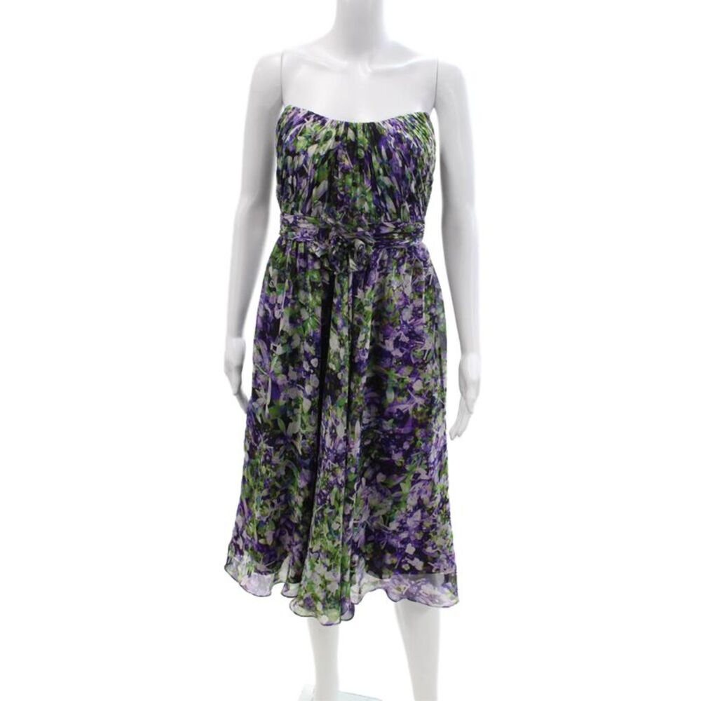 Theia Womens A-Line Sundress Green Floral Organic Cotton Sleeveless Tie Size 2